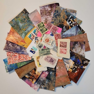 Hand Painted Paper Ephemera Mystery Assortment 20+ Small, abstract, grunge, colorful pieces for collage, junk journals +40 Stamps