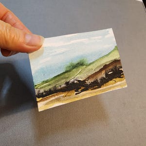 Carte ACEO ATC, mini dipinto originale da collezione di paesaggio astratto su carta per acquerello, pittura acrilica, "A2009" Verde Blu