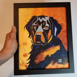 Framed Original Painting, Gordon Setter - Whimsical Dog Art 8x10 Dog Lover Art, Golden Yellow Painting