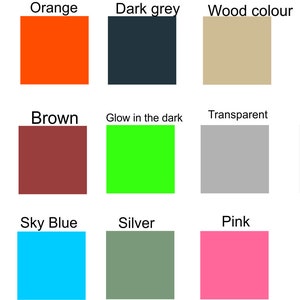 May include: A chart of 15 color swatches with the names of each color written above them. The colors include green, orange, dark grey, wood color, gold, black, brown, glow in the dark, transparent, white, red, sky blue, silver, and pink.