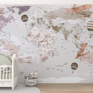 Kids World Map Wallpaper, Politics World Map Wall Mural, Hot Air Balloon Animals, Wall Cover Kids Room Nursery