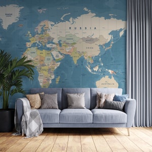 Papier peint grande carte du monde bleu, carte du monde, décalcomanie papier peint, carte du monde murale, papier peint autocollant, papier peint auto adhésif