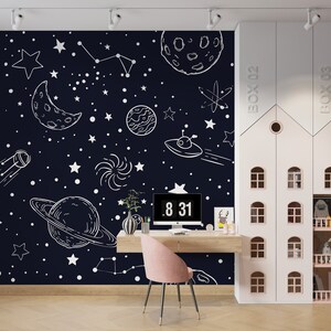 Kids Wallpaper, Black Planets Wallpaper, Removable Peel and Stick Wallpapers, Nursary Wallpaper, Modern Wall Murals, Self adhesive