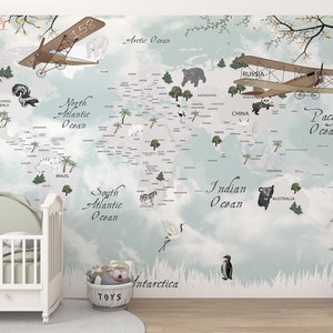 Kids World Map Wallpaper, Politics and Animals World Map Wall Mural, Hot Air Balloon, Aircraft and  Animals, peel and stick wallpaper,