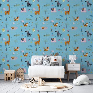 Boho Animals Kids Wallpaper, Safari Animals Mural, Removable Peel and Stick Wallpapers, Nursary Wallpaper, peel and stick wallpaper