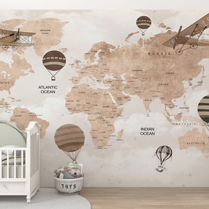 Papier peint carte du monde pour enfants, décoration murale carte du monde politique, animaux en montgolfière, revêtement mural pour chambre d'enfant