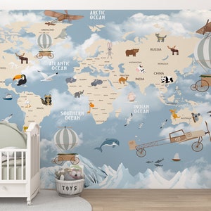 Kids World Map Wallpaper, Politics and Animals World Map Wall Mural, Hot Air Balloon, Aircraft and  Animals, Wall Cover Kids Room Nursery