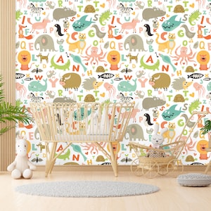 Alphabet and Animals Kids Wallpaper, Removable Peel and Stick Wallpapers, Nursary Wallpaper, Modern Wall Murals, Self adhesive