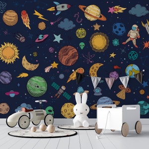 Kids Wallpaper, Colorful Planets Wallpaper, Removable Peel and Stick Wallpapers, Nursary Wallpaper, Modern Wall Murals, Self adhesive