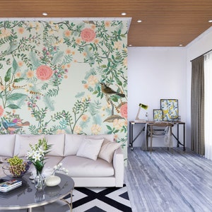 Floral and Leaves Wallpaper, Self Adhesive Wallpapers, Peel and Stick Self Adhesive, Pink Flowers Mural Living Room,Bedroom Wall Mural