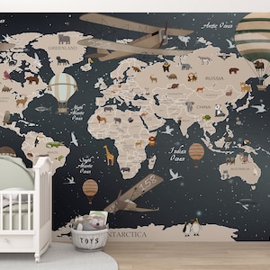 Kids World Map Wallpaper, Politics and Animals World Map Wall Mural, Hot Air Balloon, Aircraft and  Animals, Wall Cover Kids Room Nursery