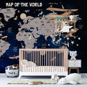Papier peint carte du monde pour enfants, décoration murale carte du monde politique et animaux, montgolfière, avions et animaux, revêtement mural pour chambre d'enfant