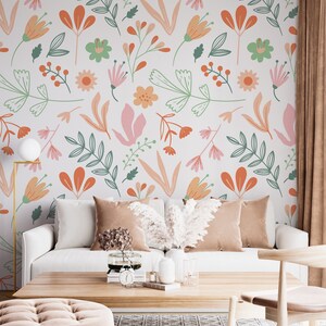 Colorful Flowers, White Background, Peel and Stick Self Adhesive, Pink Flowers Mural Living Room, peel and stick wallpaper