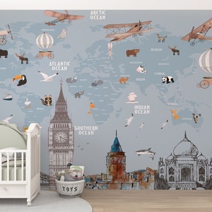 Kids World Map Wallpaper, European City Icons World Map Wall Mural, Hot Air Balloon, Aircraft and  Animals, Wall Cover Kids Room Nursery