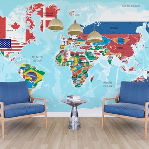 World Map Wallpaper with Country Flags, World Map, Wallpaper Decal, World Map Mural, Peel And Stick Wallpaper, Self Adhesive Wallpaper