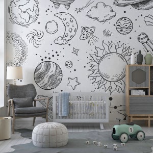 Kids Wallpaper, Planets Wallpaper, Removable Peel and Stick Wallpapers, Nursary Wallpaper, Modern Wall Murals, Self adhesive