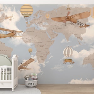 Kids World Map Wallpaper, Politics and Animals World Map Wall Mural, Hot Air Balloon, Aircraft and  Animals, Wall Cover Kids Room Nursery