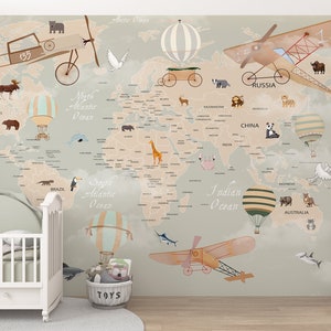 Kids World Map Wallpaper, Politics and Animals World Map Wall Mural, Hot Air Balloon, Aircraft and  Animals, Wall Cover Kids Room Nursery,