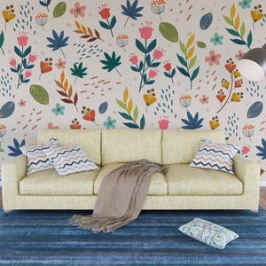 Colorful Floral and Leaves Wallpaper, Peel and Stick Self Adhesive, Pink Flowers Mural Living Room, peel and stick wallpaper