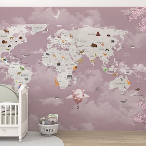 Kids World Map Wallpaper, Politics and Animals World Map Wall Mural, Hot Air Balloon, Aircraft and  Animals, Wall Cover Kids Room Nursery