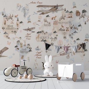 Kids World Map Wallpaper, Politics and Animals World Map Wall Mural, Hot Air Balloon, Aircraft and  Animals, Wall Cover Kids Room Nursery