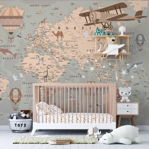 Papier peint carte du monde pour enfants, décoration murale carte du monde politique et animaux, montgolfière, avions et animaux, revêtement mural pour chambre d'enfant