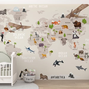 Kids World Map Wallpaper, Animals World Map Wall Mural, Hot Air Balloon Animals, Wall Cover Kids Room Nursery