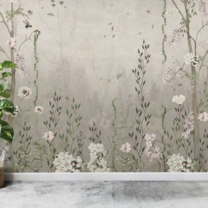 Chinoiserie Wallpaper / Spring Flowers Birds / Peel and Stick / Removable Wallpaper / Self Adhesive Nursery Decor / Fabric Woodland Decal