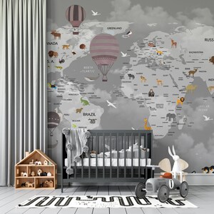Kids World Map Wallpaper, Politics and Animals World Map Wall Mural, Hot Air Balloon, Aircraft and  Animals, Wall Cover Kids Room Nursery