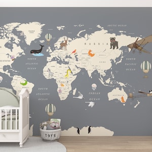 Kids World Map Wallpaper, Politics and Animals World Map Wall Mural, Hot Air Balloon, Aircraft and  Animals, Wall Cover Kids Room Nursery