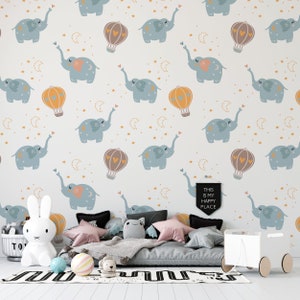 Kids Wallpaper,  Hot Air Baloon & Elephant Wallpaper, Peel and Stick Wallpapers, Nursary Wallpaper, Modern Wall Murals, Self adhesive