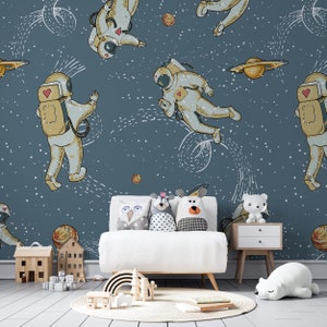 Astronaut and Space Kids Wallpaper, Removable Peel and Stick Wallpapers, Nursary Wallpaper, Modern Wall Murals, Self adhesive,