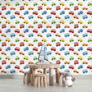 Colorful Cars Kids Wallpaper, Sweet Wallpaper, Peel and Stick Wallpapers, Nursary Wallpaper, Modern Wall Murals, Self adhesive,