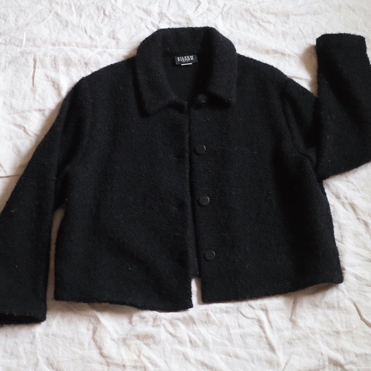 Vintage Eileen Fisher Boucle Wool Cropped Collared Black Wool Jacket Coat