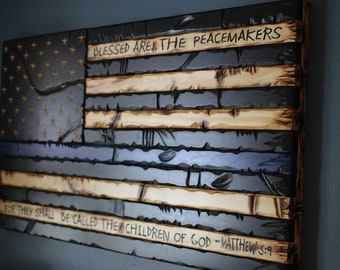 Thin Blue Line Distressed Wood Flag Blessed Are The Peace Keepers