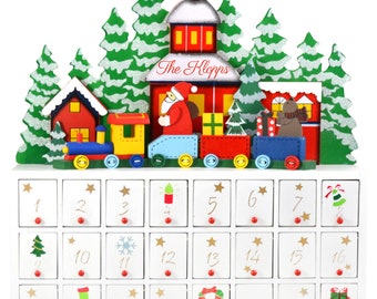 Countdown to Christmas Decor Advent Calendar with 24 Doors, Santa Claus Riding Train Through Snowy Village with Friends