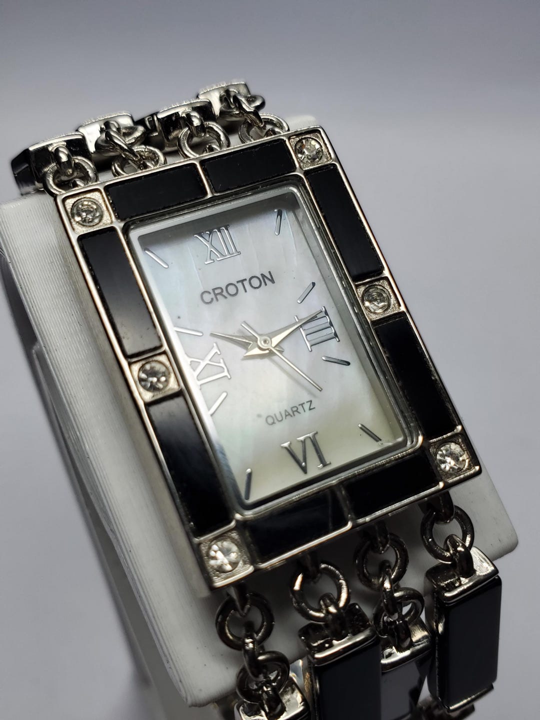 Croton Tank Croton Art Deco Style Tank Watch, Mother of Pearl Dial, Black Enamel ...