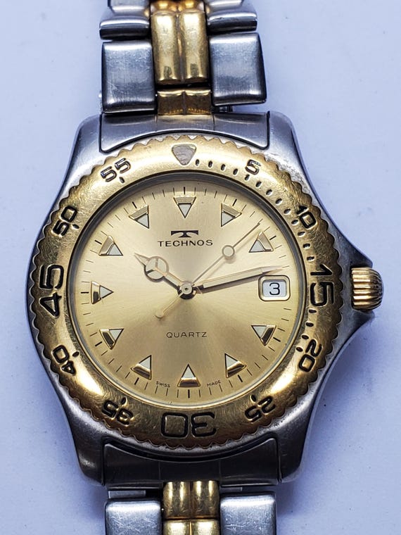 Vintage Technos Diver Gold-Silver Dual Tone Watch, 38mm, 1980s, Running