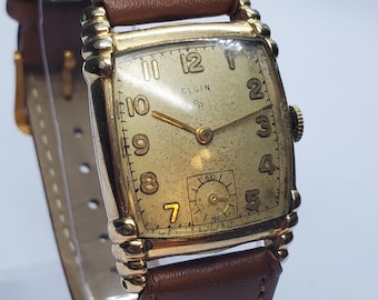 Elgin Art Deco Tank 17J Sub Seconds Gold RGP Manual Watch, 1940s, Working