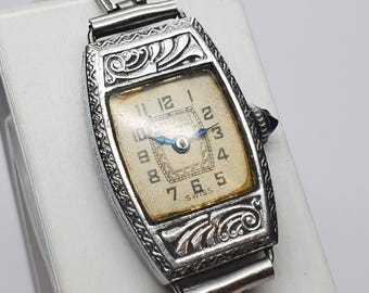 Reloj de pulsera vintage Westfield Art Deco suizo para mujer, con manecillas azules, 18 x 26 mm, década de 1930, en funcionamiento.