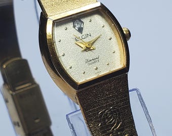 Elgin Diamond Ladies Dress Watch Roses Bracelet, 1985, Working
