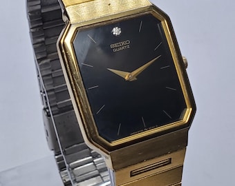 Seiko Diamond Accent Black Dial Quartz Watch, 26x36xx, 1988, Working