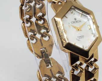 Elegant Croton Diamond Quartz Hexagonal Watch Mother of Pearl Dial 24mm, 1990s, Working