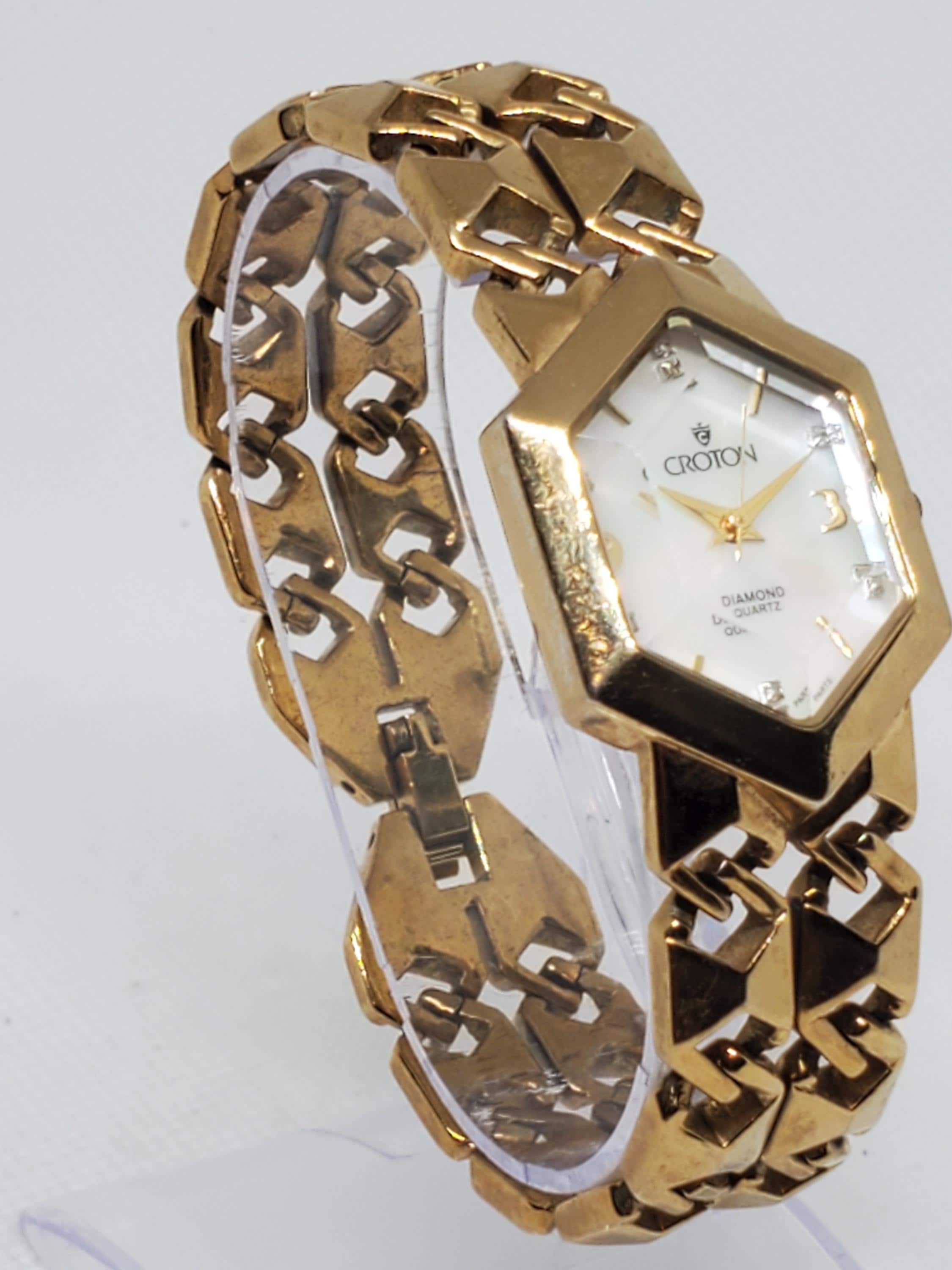 Vintage Elegant Croton Diamond Quartz Hexagonal Watch Mother of