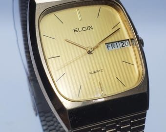 Elgin Gold Tone Quartz Day Date Vintage Dress Watch, 29x36mm, 1980s, Working