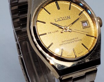 Ligun De Luxe ゴールドメッキ メンズ腕時計、1960年代、動作品 - Etsy 