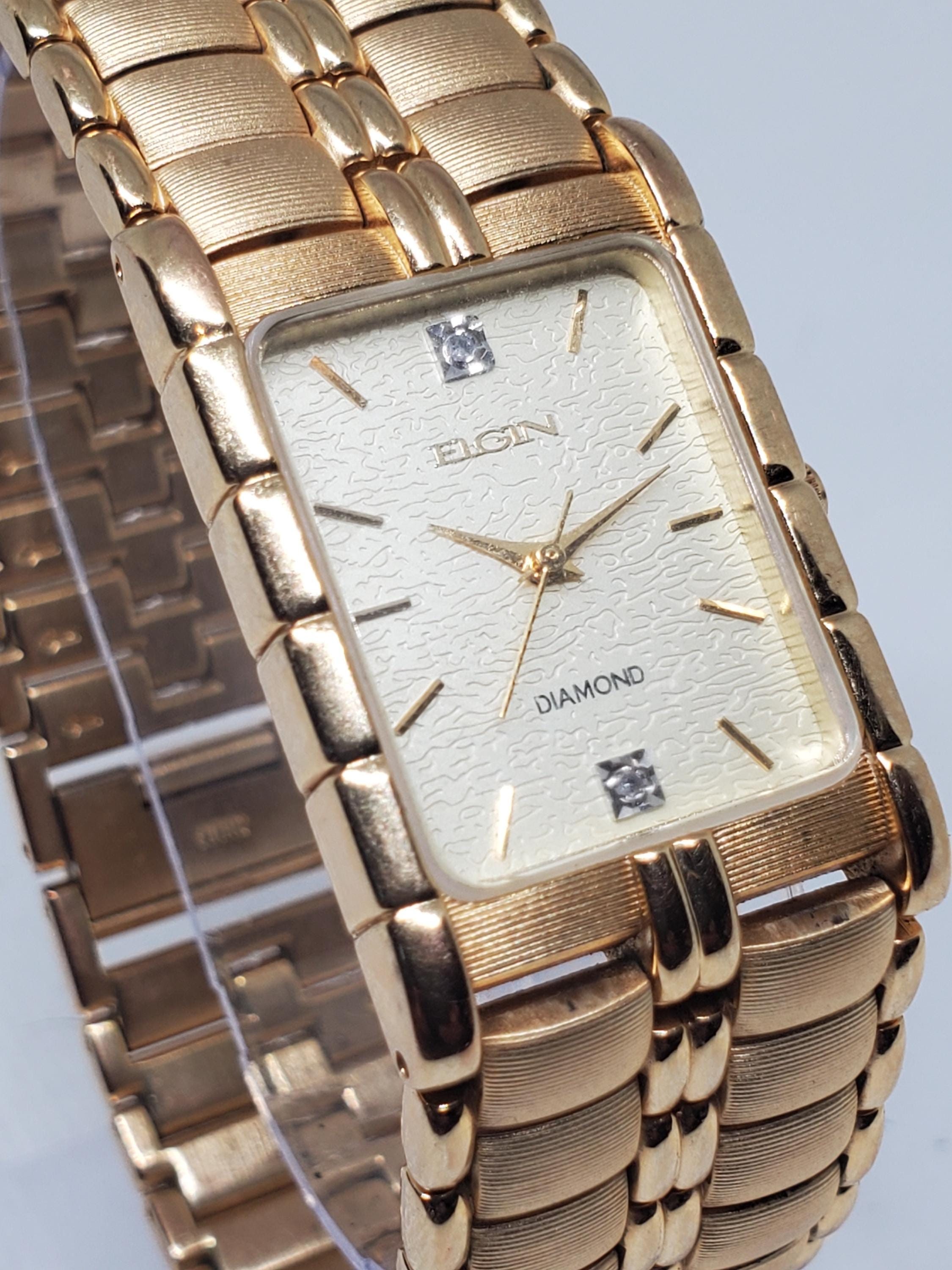 Vintage Elgin Diamond Quartz Black Dial Gold Tone‎ Rectangular Dress Watch Read CZ Elgin Rectangle Dress Analog Watch New | Mercari main image 2