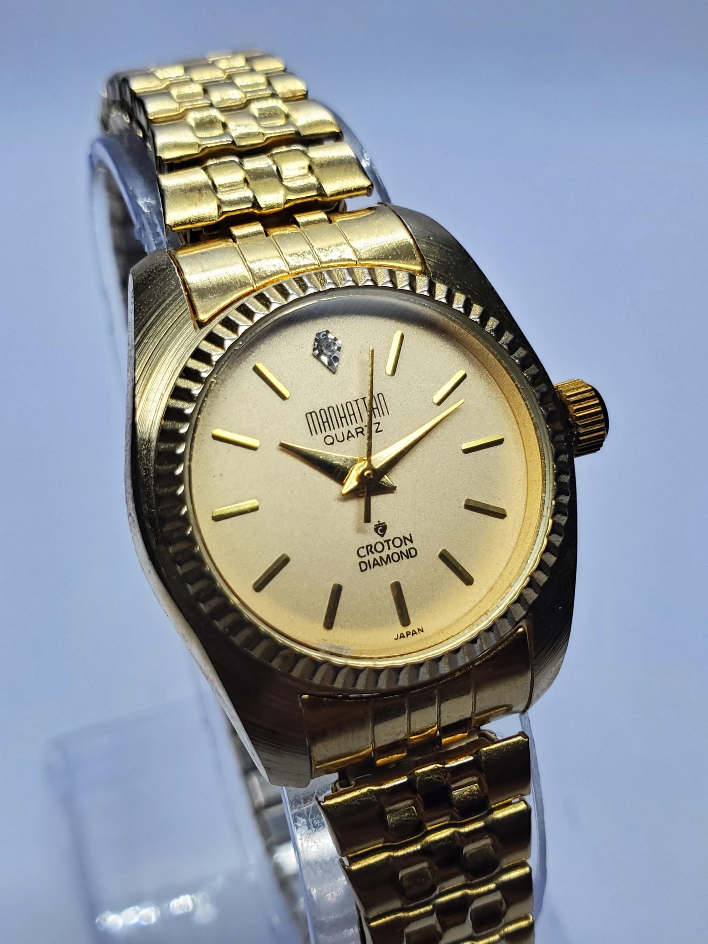 Vintage Croton Manhattan Quartz Diamond Gold Tone Dress 