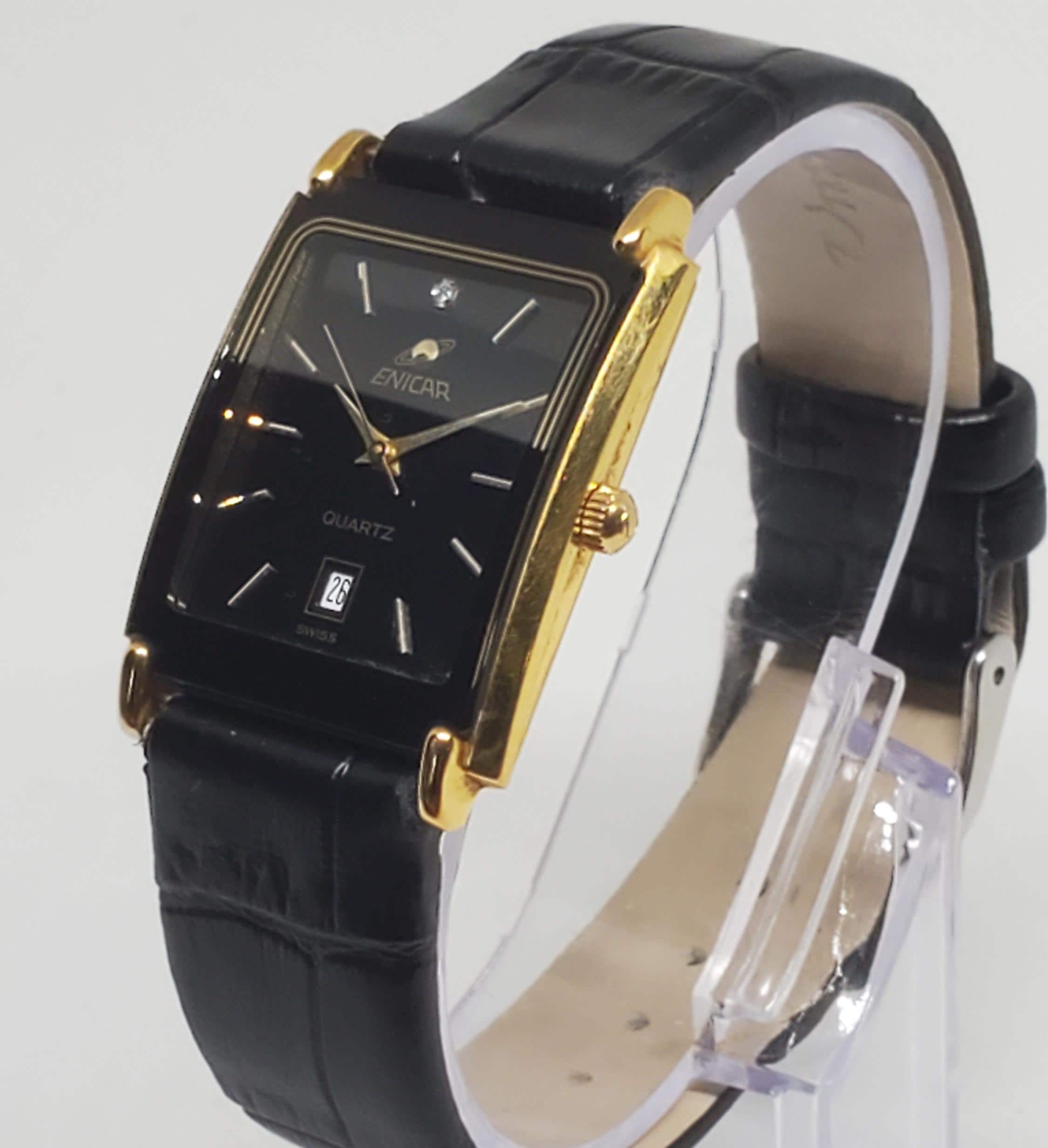 Enicar 14K Gold-plated Diamond Black Watch, 1990s - Vintage