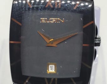 Vintage Elgin EG543 Black Gold Dress Watch, Japanese Quartz, 34mm